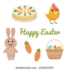 A set with cartoon Easter symbols. easter bunny or rabbit , chicken, eggs, pie, carrot, text, happy easter. Vector.