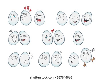 set of cartoon eggs with faces & emotions. colored isolated vector 4 design of packaging, posters, greeting cards & invitations to Easter egg hunt