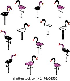 set Cartoon egret bird Vector seamless animal 
