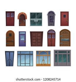 Set of cartoon elements of architecture - closed doors, front view. Vector illustration on white background.