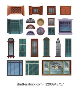 Set of cartoon elements of architecture - closed windows, front view. Vector illustration on white background.