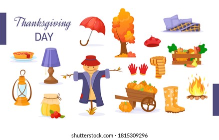 Set of cartoon elements of autumn. Tree with leaves, raincoat, warm clothes, book, kerosene lamp, rubber boots, scarecrow, wooden pumpkin cart vector. Harvest time autumn greeting card vector.