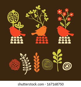 Set of cartoon elements birds with flowers. Vector illustration.