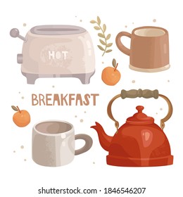 Set of cartoon elements for design. Two rustic cups, vintage teapot, and toaster. Handwritten lettering breakfast. Detailed hand-drawn elements, icon. A hot drink, tea, coffee break, cozy atmosphere