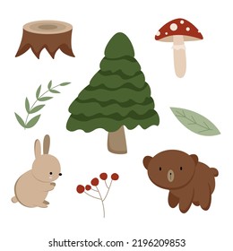 Set of cartoon elements of forest. Collection of woodland attributes. Cute forest animals bear and rabbit. Vector illustration for children.