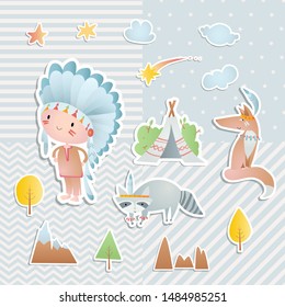 Set of cartoon elements: an injun, a wigwam, trees. Digital scrapbooking.