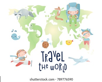 Set of cartoon elements on the world map. Time of adventure. Holiday card design.