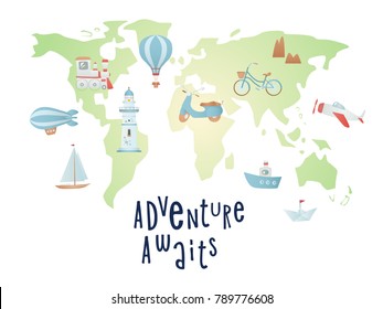 Set of cartoon elements on the world map. Time of adventure. Holiday card design.