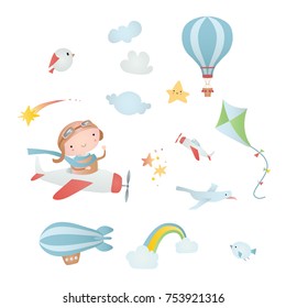 Set of cartoon elements: pilot, airplane, kite, balloon,  airship, cloud, bird, comet. Time of adventure. 