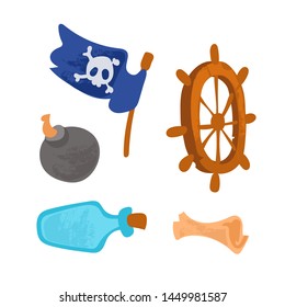Set cartoon elements of pirate children's style.  Vector illustration in children's style, for children's books, posters, stickers or room decor