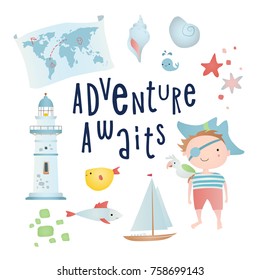 Set of cartoon elements: pirate, lighthouse, map, shell. Time of adventure. Holiday card design.