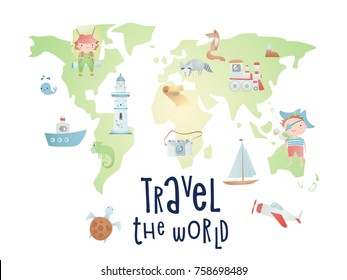 Set of cartoon elements: 
Time of adventure. Holiday card design.
