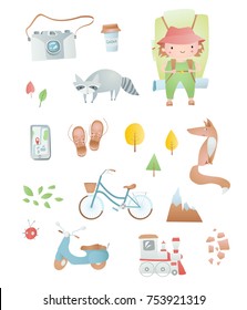 Set of cartoon elements: tourist, camera, raccoon, fox, bicycle, train, scooter, tree, phone, mountain, backpack. Time of adventure.