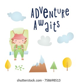 Set of cartoon elements: tourist,  tree,  mountain, backpack. Time of adventure.  