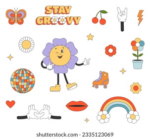 Set of cartoon elements in y2k groovy style. Flowers, roller skate, lips, rainbow. Sticker pack in trendy retro style. Isolated vector illustration. 