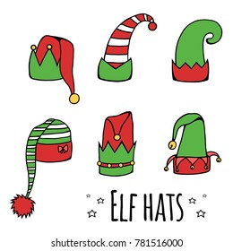Set of cartoon elf hats. Vector element for your creativity