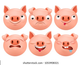 Set of cartoon emoji pig character icons. Vector illustration