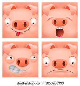 Set of cartoon emoji pig character icons. Vector illustration