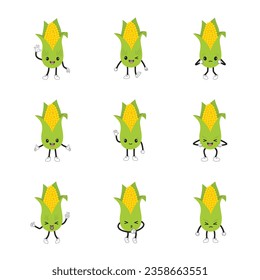 Set of cartoon emoticon corn cob. Kawaii emoji collection of different characters. Smiling, happy, comic, funny, friendly, angry, sad, hopeful, dreaming, chilling out, greeting