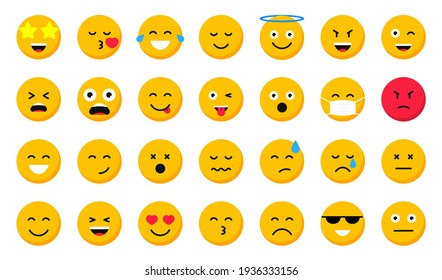 Set of cartoon emoticons. Emoji icons. 
Social media emoticon smile. Yellow faces expressing emotion. Vector illustration.