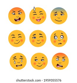 Set of cartoon emoticons. Emoji icons. Social media emoticon smile. Yellow faces expressing emotion. Vector illustration