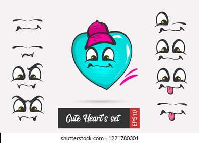 Set cartoon emotion face valentines day heart. Love sketch drawing vector design. Expression collection Valentines day smile. Chat message. Heart in hat