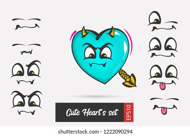 Set cartoon emotion face valentines day heart. Love sketch drawing vector design. Expression collection Valentines day smile. Chat message. Anger devil heart