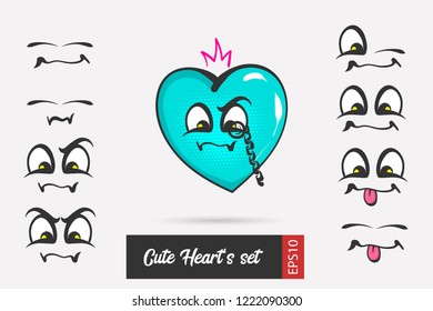 Set cartoon emotion face valentines day heart. Love sketch drawing vector design. Expression collection Valentines day smile. Chat message. Smart heart