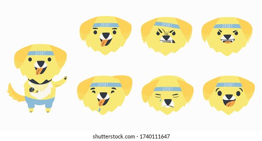 Set cartoon emotions character yellow Labrador retriever. Funny cartoon character. Emotions of a dog breed Labrador happy, angry, kind, cunning, surprise. Flat vector illustration.
