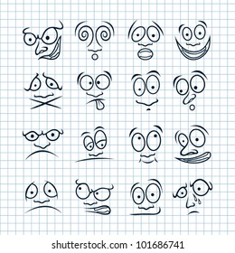 Set of cartoon emotions on seamless school paper.