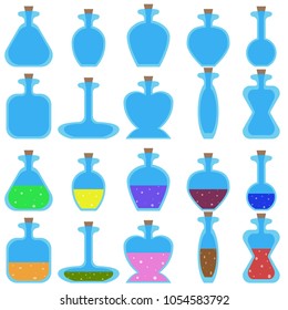 Set of cartoon empty and with potions bottles of different shape for a game. Vector illustration isolated on white background.