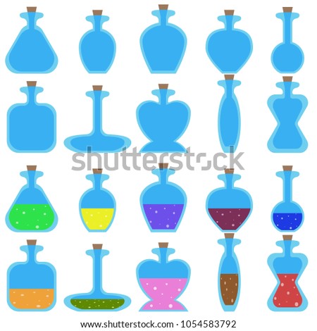Set of cartoon empty and with potions bottles of different shape for a game. Vector illustration isolated on white background.