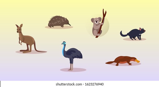 set cartoon endangered wild australian animals tasmanian devil echidna ostrich platypus koala kangaroo symbols collection wildlife species fauna concept flat horizontal vector illustration