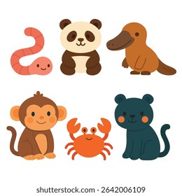 Set of cartoon exotic animals including worm, panda, platypus, monkey, crab, and black panther. Flat colorful illustration on white background. Wild creatures and biodiversity concept. Design for