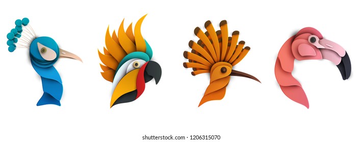 Set of cartoon exotic bird in trendy paper cut craft graphic style. Peacock, hoopoe, flamingo, parrot. Modern design for advertising, branding greeting card, cover, poster, banner. Vector illustration