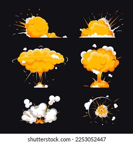 Evolucionó las caricaturas de bombas, fuego, humo. Explosión de dinamita o bomba en olas divergentes de humo.