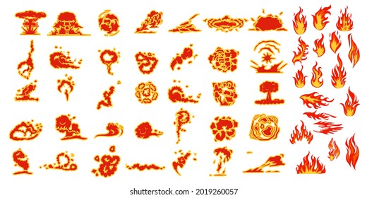Un conjunto de explosiones de dibujos animados en un fondo blanco. El efecto del fuego, la explosión, la bomba, las nubes. Animación de una explosión, llama. Un conjunto de íconos de fuego y explosión.