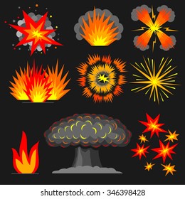 Set cartoon explosions. Set of various cartoon explosions, fire outbreaks reactions. 