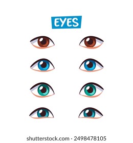 Set Of Cartoon Eyes With Brown, Blue, And Green Colors. Perfect For Face Constructors And Character Designs