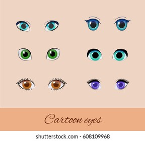 Set of cartoon eyes. Collection of vector different eyes. Green, blue, brown and purple peepers isolated on white. 