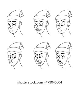 Set of cartoon face emotions in Christmas hat