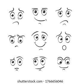 Set of cartoon face emotions on white background. Expressive eyes and mouth, smiling, crying and surprised character face expressions. Different facial expressions in doodle style. Vector illustration