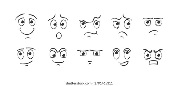 Conjunto de dibujos animados enfrentan emociones sobre fondo blanco. Ojos y boca expresivos, expresiones de caracter sonrientes, llorosos y sorprendidos. Diferentes expresiones faciales en estilo doodle. Ilustración del vector