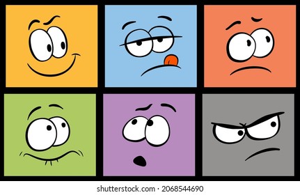 Set of cartoon face expression. Comic face expressions. Funny expressive faces with different emotions: joy, fear, astonishment and curiosity. Isolated icons set.
