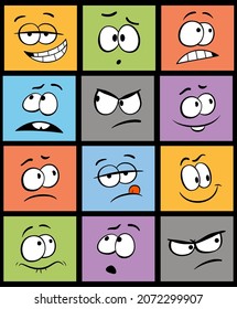 Set of cartoon face expression. Set of twelve comic face expressions. Funny expressive faces with different emotions: joy, fear, astonishment and curiosity. Caricature faces. Isolated icons set.