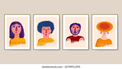 Set of cartoon face portrait rough hand drawn vector illustration. Cute childish style design for art print, decoration, wall art and cards.