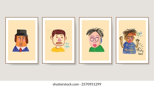 Set of cartoon face portrait rough hand drawn vector illustration. Cute childish style design for art print, decoration, wall art and cards.