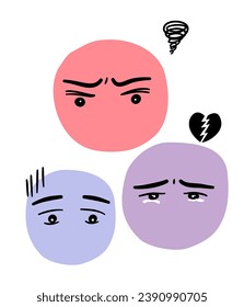 Set of cartoon faces with angry upset and sad emotion.