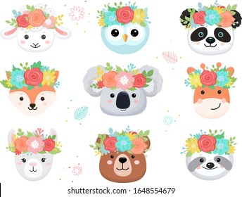 Set of cartoon faces of animals with flower crown. Vector illustrarion.Isolated on white background.