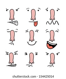 Set of  cartoon faces with a big nose and different expressions 